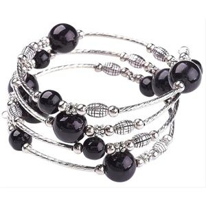 😀 Adjustable Black Bead Silver Tone Wrap Bracelet